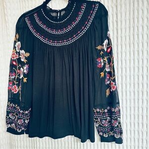 Anthropologie Black Blouse with Colorful Embroidery